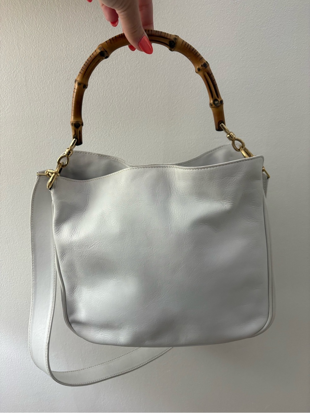 Gucci White Leather Bamboo-Handle Bag